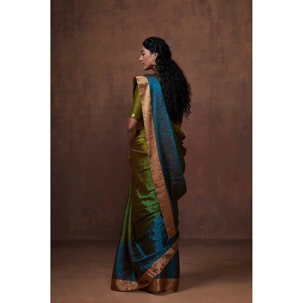 Dressfolk Handwoven Green & Olive with Bright Firozi Blue Zari in Border Tissue Saree with Blouse