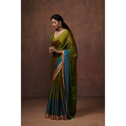 Dressfolk Handwoven Green & Olive with Bright Firozi Blue Zari in Border Tissue Saree with Blouse