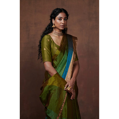 Dressfolk Handwoven Green & Olive with Bright Firozi Blue Zari in Border Tissue Saree with Blouse