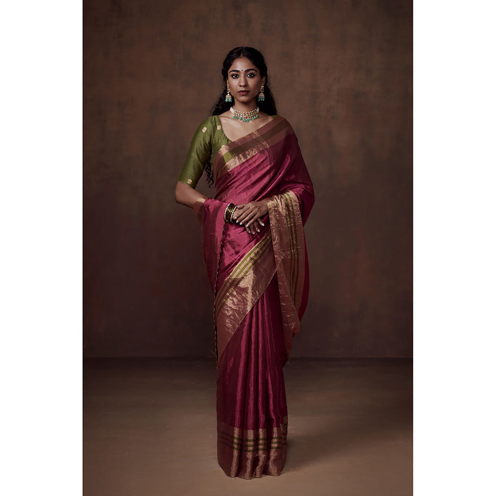 Dressfolk Handwoven Deep Pink with Gold & Olive Green Zari Border, Glass Beads Detail with Blouse