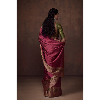 Dressfolk Handwoven Deep Pink with Gold & Olive Green Zari Border, Glass Beads Detail with Blouse
