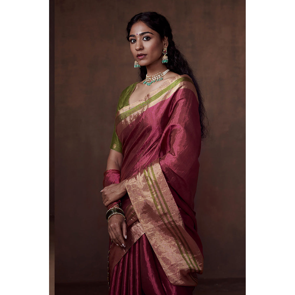 Dressfolk Handwoven Deep Pink with Gold & Olive Green Zari Border, Glass Beads Detail with Blouse