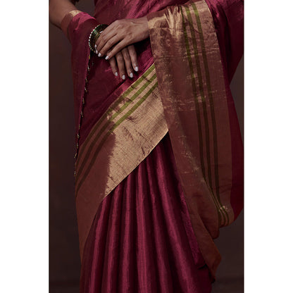 Dressfolk Handwoven Deep Pink with Gold & Olive Green Zari Border, Glass Beads Detail with Blouse