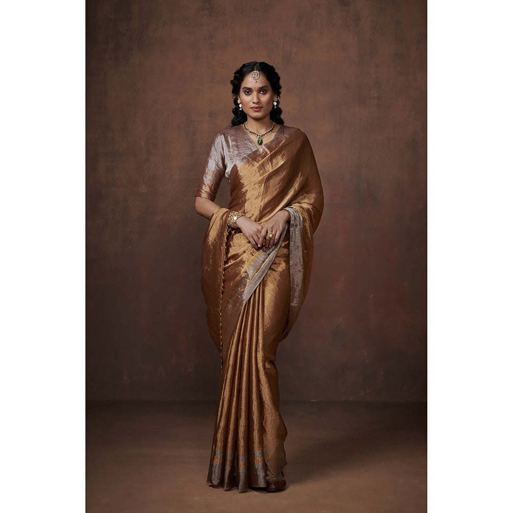 Dressfolk Handwoven Gold Metallic Zari with Silver border Glass Beads Edge Tissue Saree with Blouse