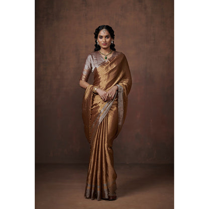 Dressfolk Handwoven Gold Metallic Zari with Silver border Glass Beads Edge Tissue Saree with Blouse