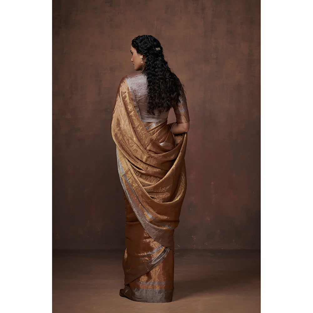 Dressfolk Handwoven Gold Metallic Zari with Silver border Glass Beads Edge Tissue Saree with Blouse