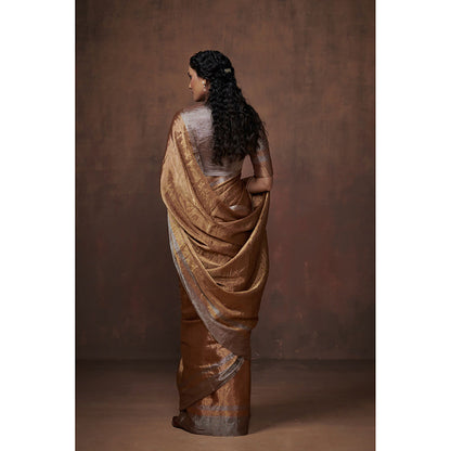 Dressfolk Handwoven Gold Metallic Zari with Silver border Glass Beads Edge Tissue Saree with Blouse