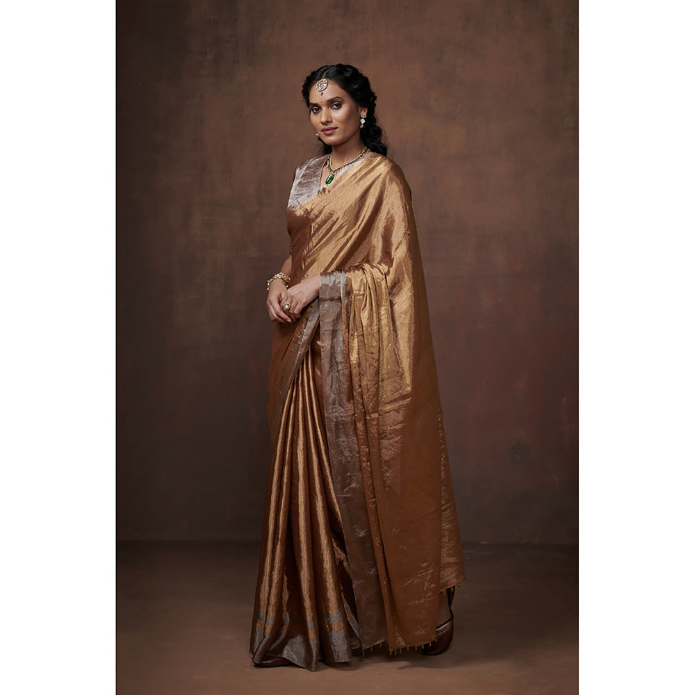 Dressfolk Handwoven Gold Metallic Zari with Silver border Glass Beads Edge Tissue Saree with Blouse