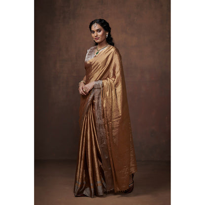 Dressfolk Handwoven Gold Metallic Zari with Silver border Glass Beads Edge Tissue Saree with Blouse