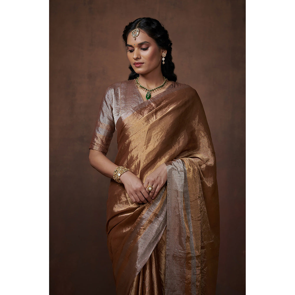 Dressfolk Handwoven Gold Metallic Zari with Silver border Glass Beads Edge Tissue Saree with Blouse