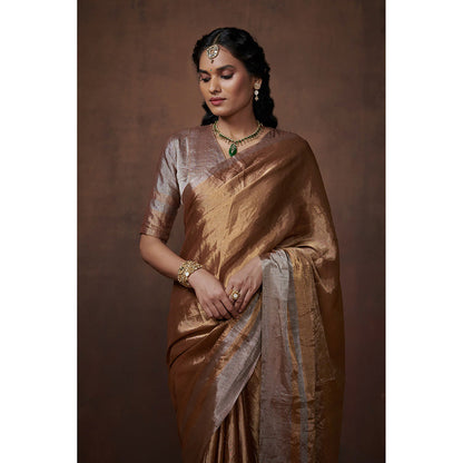Dressfolk Handwoven Gold Metallic Zari with Silver border Glass Beads Edge Tissue Saree with Blouse