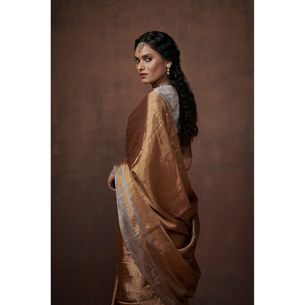 Dressfolk Handwoven Gold Metallic Zari with Silver border Glass Beads Edge Tissue Saree with Blouse