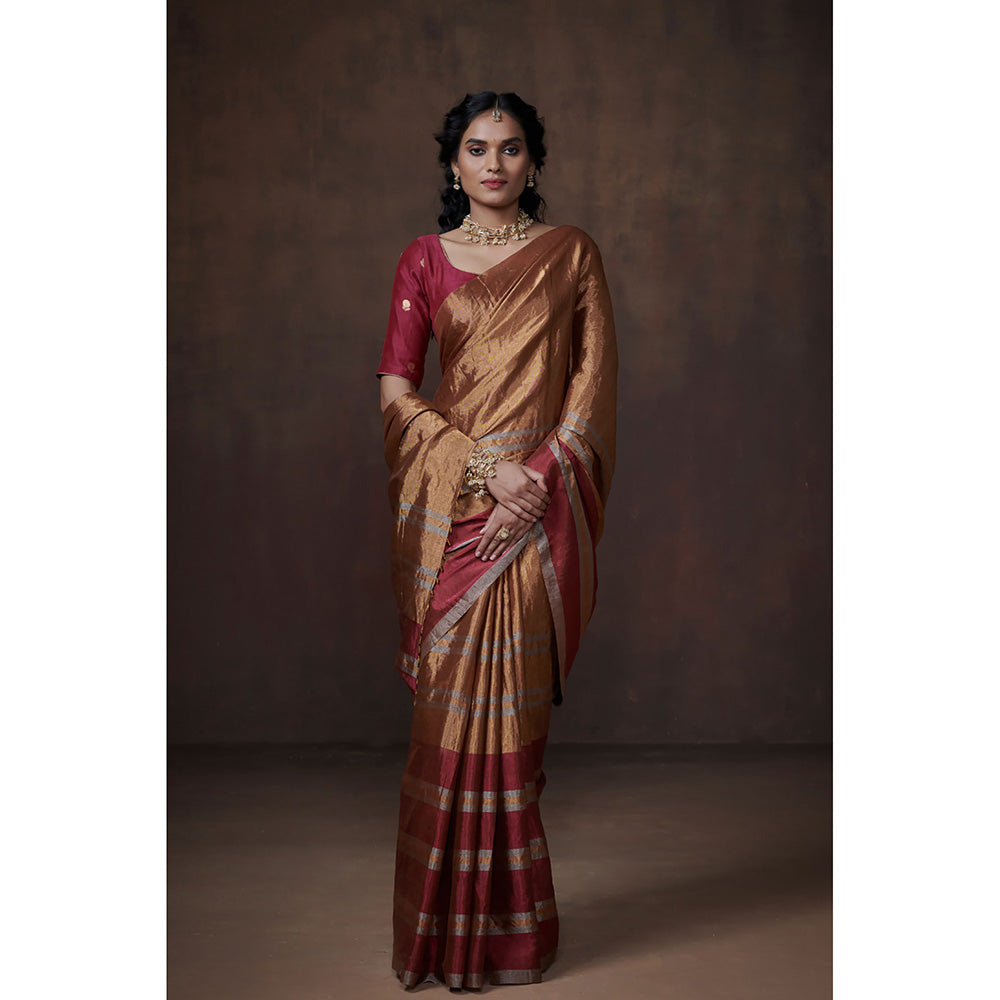Dressfolk Handwoven Classic Gold With Silver & Pink Zari Border Tissue Saree with Blouse Fabric