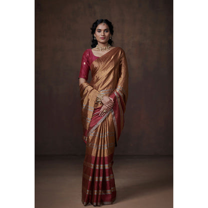 Dressfolk Handwoven Classic Gold With Silver & Pink Zari Border Tissue Saree with Blouse Fabric