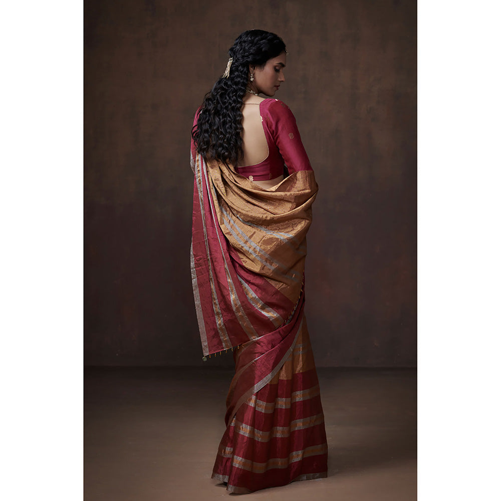 Dressfolk Handwoven Classic Gold With Silver & Pink Zari Border Tissue Saree with Blouse Fabric