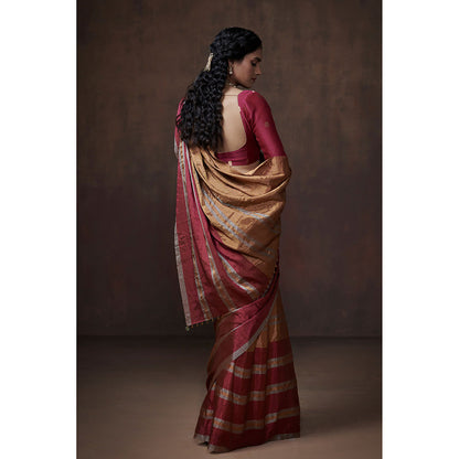 Dressfolk Handwoven Classic Gold With Silver & Pink Zari Border Tissue Saree with Blouse Fabric