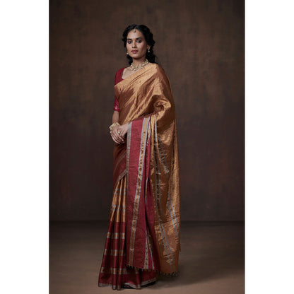 Dressfolk Handwoven Classic Gold With Silver & Pink Zari Border Tissue Saree with Blouse Fabric