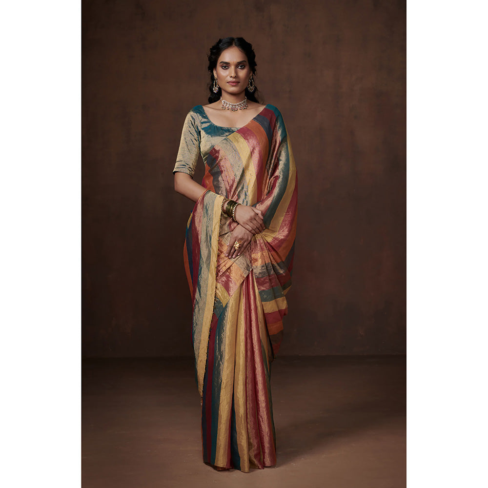 Dressfolk Handwoven Multi-Colour Zari Stripes Tissue Saree having Glass Beads Detail with Blouse