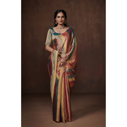 Dressfolk Handwoven Multi-Colour Zari Stripes Tissue Saree having Glass Beads Detail with Blouse