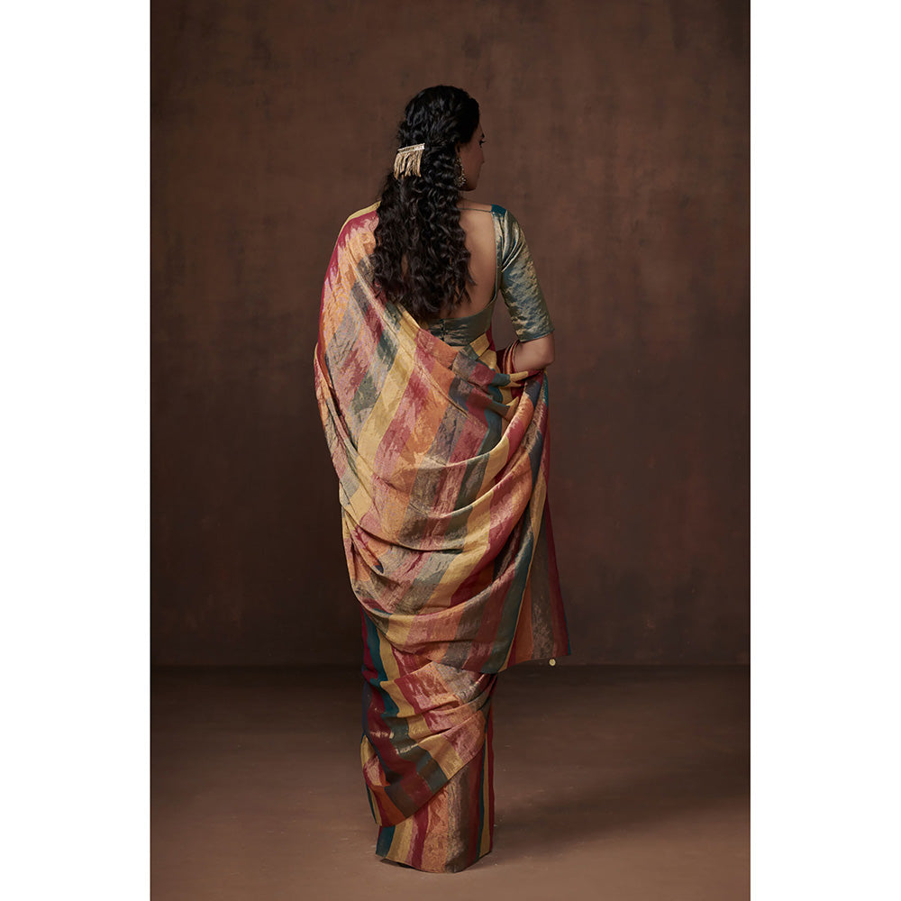 Dressfolk Handwoven Multi-Colour Zari Stripes Tissue Saree having Glass Beads Detail with Blouse