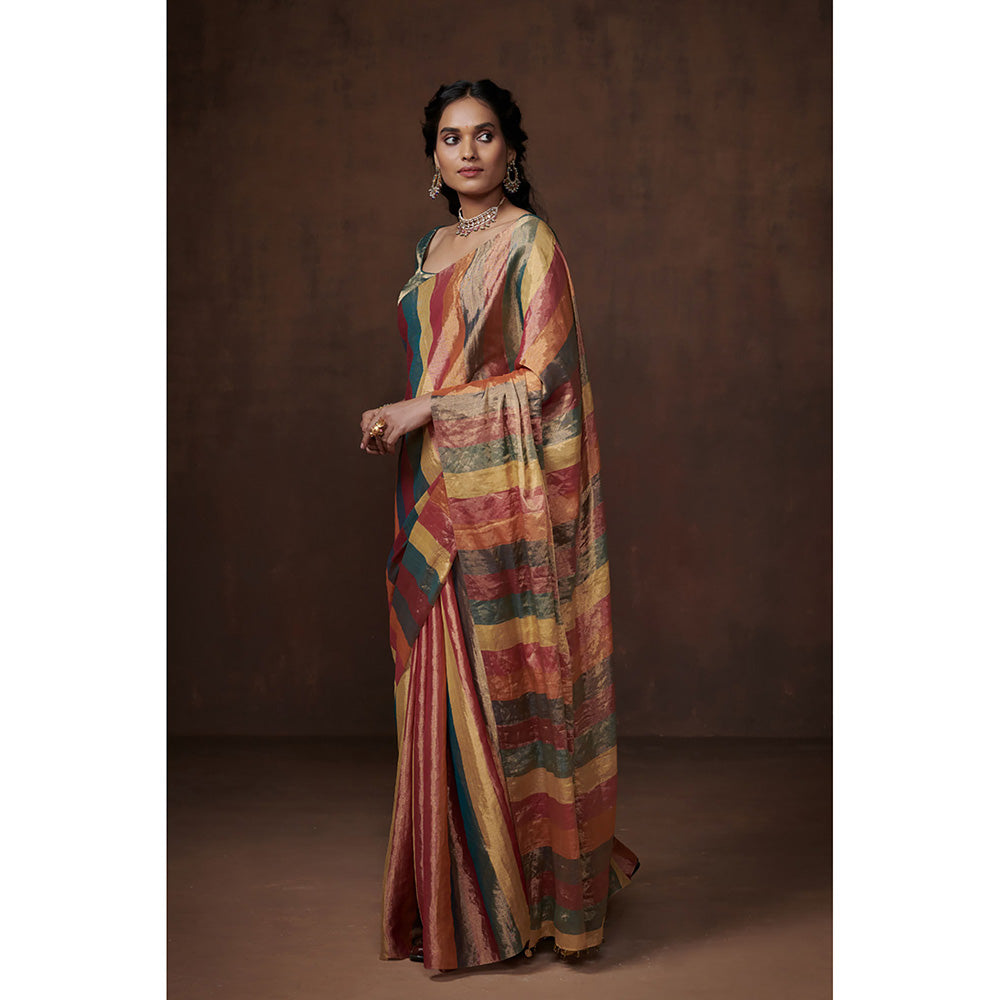 Dressfolk Handwoven Multi-Colour Zari Stripes Tissue Saree having Glass Beads Detail with Blouse