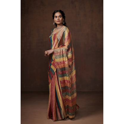 Dressfolk Handwoven Multi-Colour Zari Stripes Tissue Saree having Glass Beads Detail with Blouse