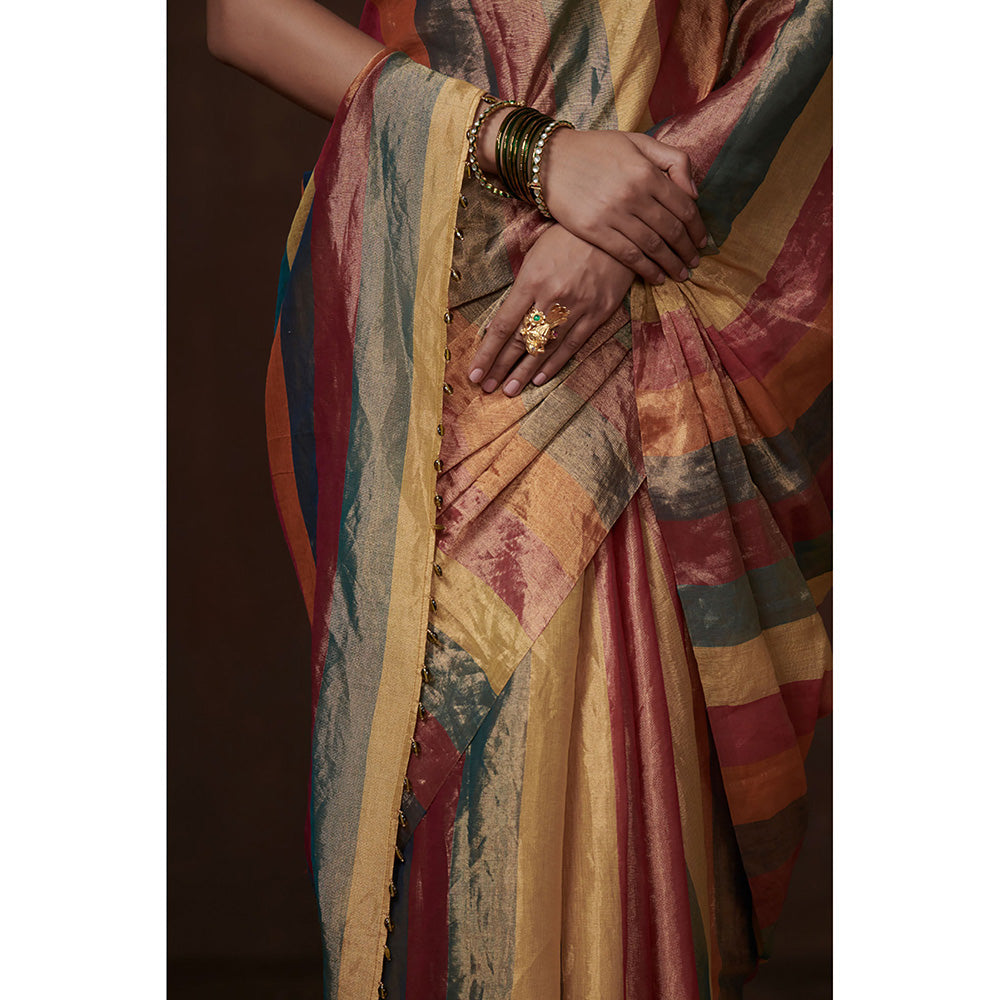 Dressfolk Handwoven Multi-Colour Zari Stripes Tissue Saree having Glass Beads Detail with Blouse