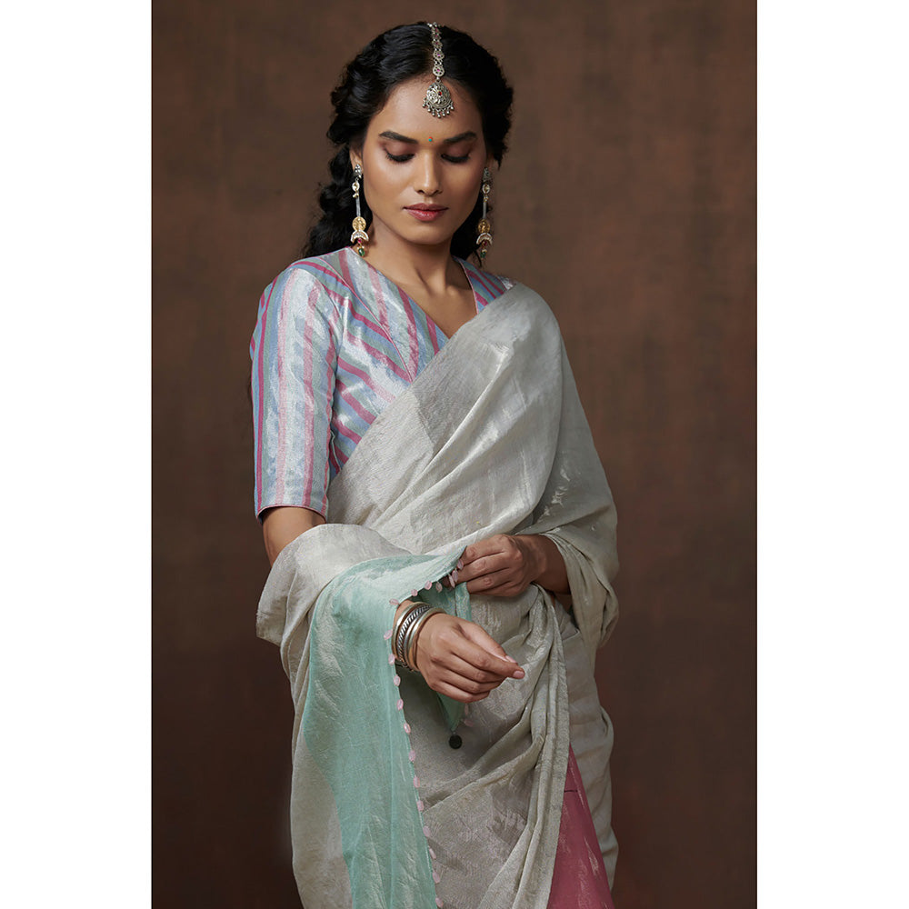 Dressfolk Handwoven Light Pink & Silver with Aqua Coloured Palla Tissue Saree with Blouse Fabric