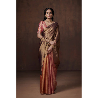 Dressfolk Handwoven Tri-color Orange, Pink and Antique Gold Tissue Saree with Matching Blouse Fabric