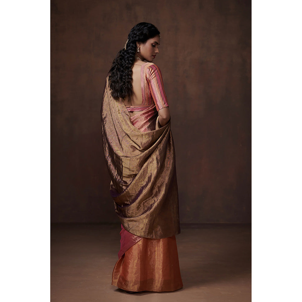 Dressfolk Handwoven Tri-color Orange, Pink and Antique Gold Tissue Saree with Matching Blouse Fabric