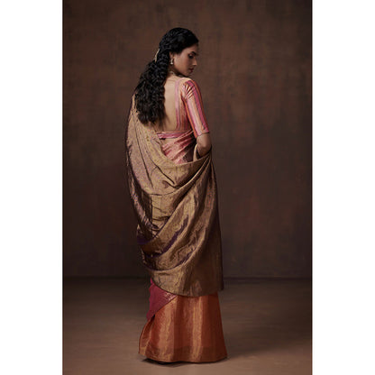 Dressfolk Handwoven Tri-color Orange, Pink and Antique Gold Tissue Saree with Matching Blouse Fabric