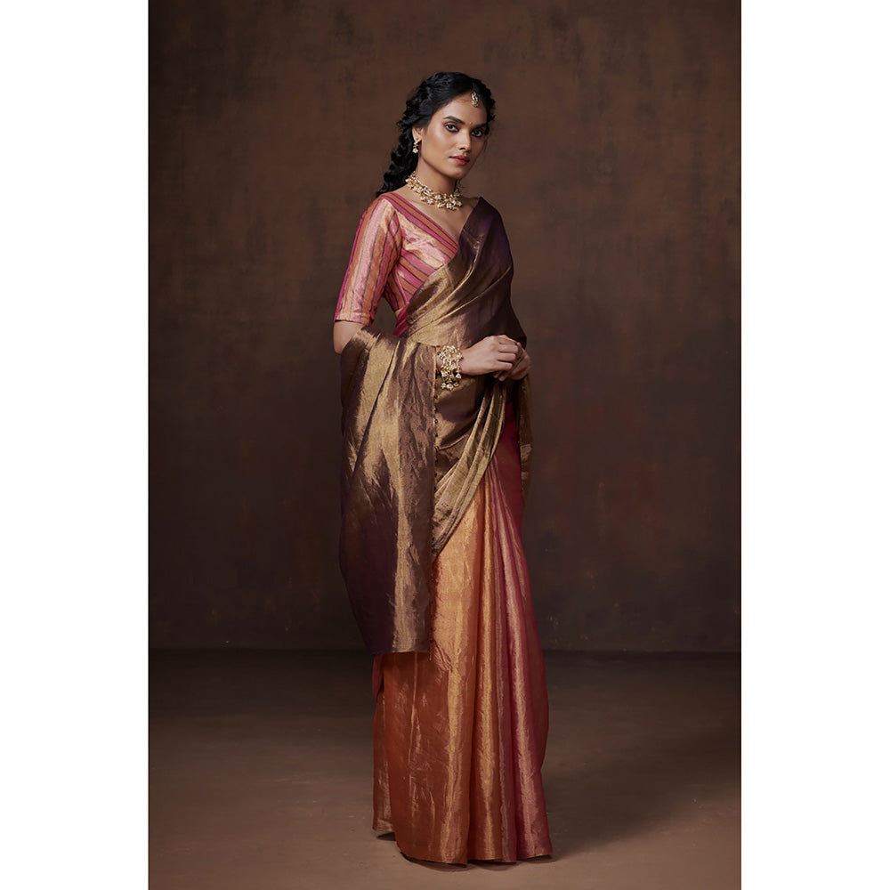 Dressfolk Handwoven Tri-color Orange, Pink and Antique Gold Tissue Saree with Matching Blouse Fabric