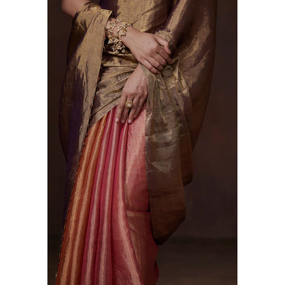 Dressfolk Handwoven Tri-color Orange, Pink and Antique Gold Tissue Saree with Matching Blouse Fabric