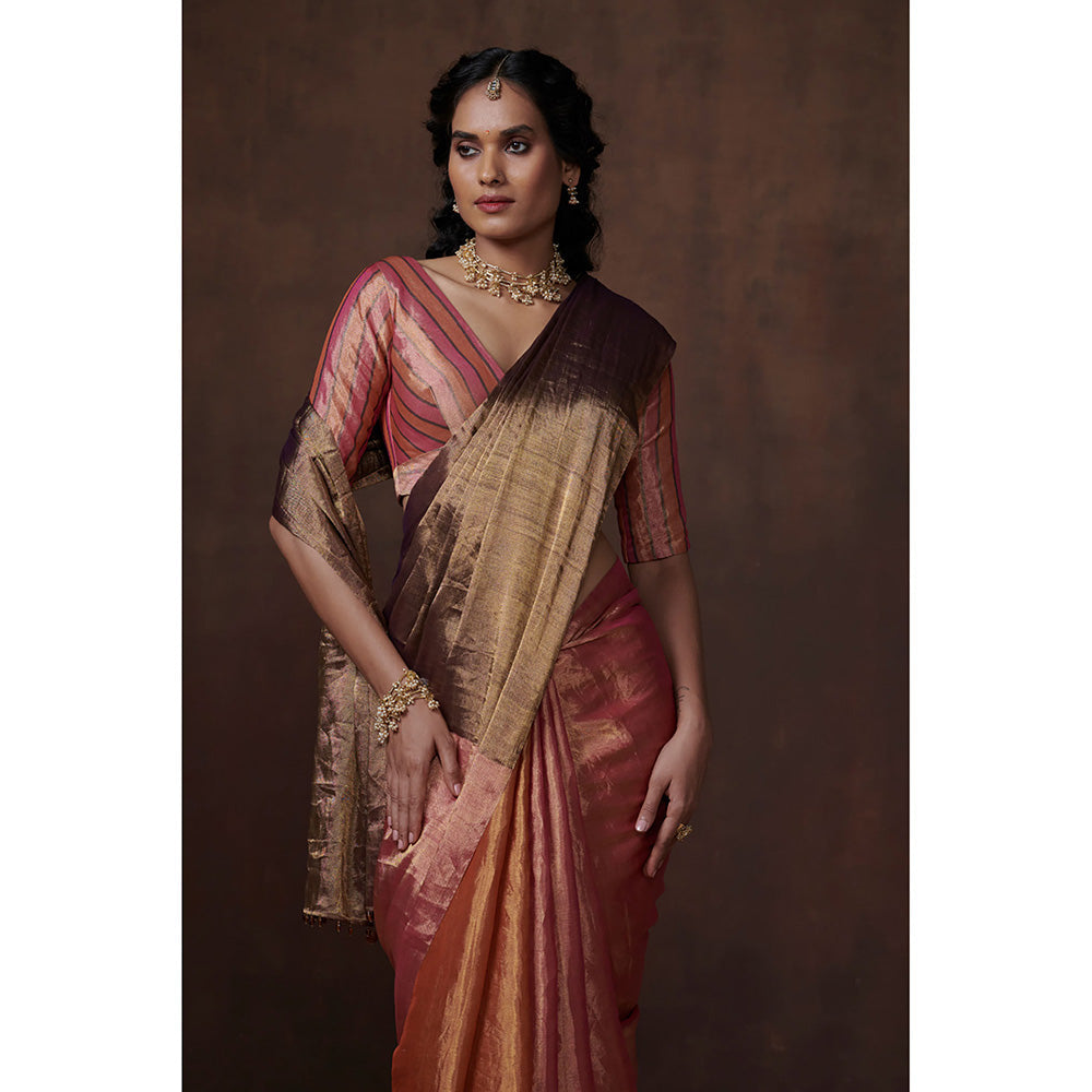 Dressfolk Handwoven Tri-color Orange, Pink and Antique Gold Tissue Saree with Matching Blouse Fabric