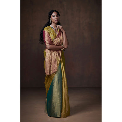 Dressfolk Handwoven Teal, Lime & Rust Tissue Saree with Glass Bead Detailing & Blouse Fabric