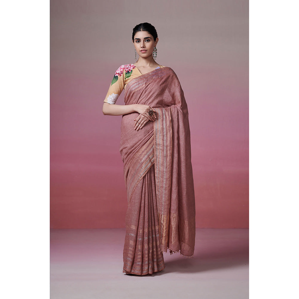 Dressfolk Handwoven 100% Linen Onion Pink Dream Saree With Metallic & Copper Zari Work at Border