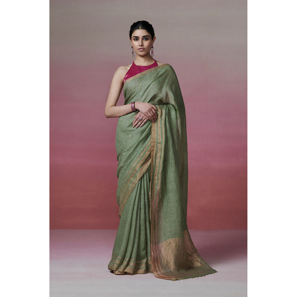 Dressfolk Handwoven 100% Handloom Linen Sage Green Saree With Metallic Zari and Glass Beads Edge