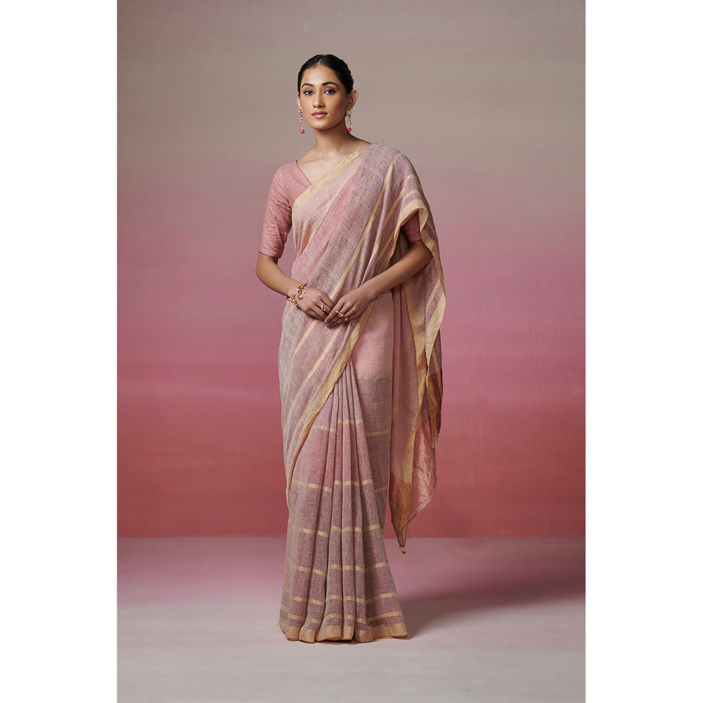 Dressfolk Handwoven 100% Linen Earthy Palette Saree with Stripes of Earthy Color & Golden Zari