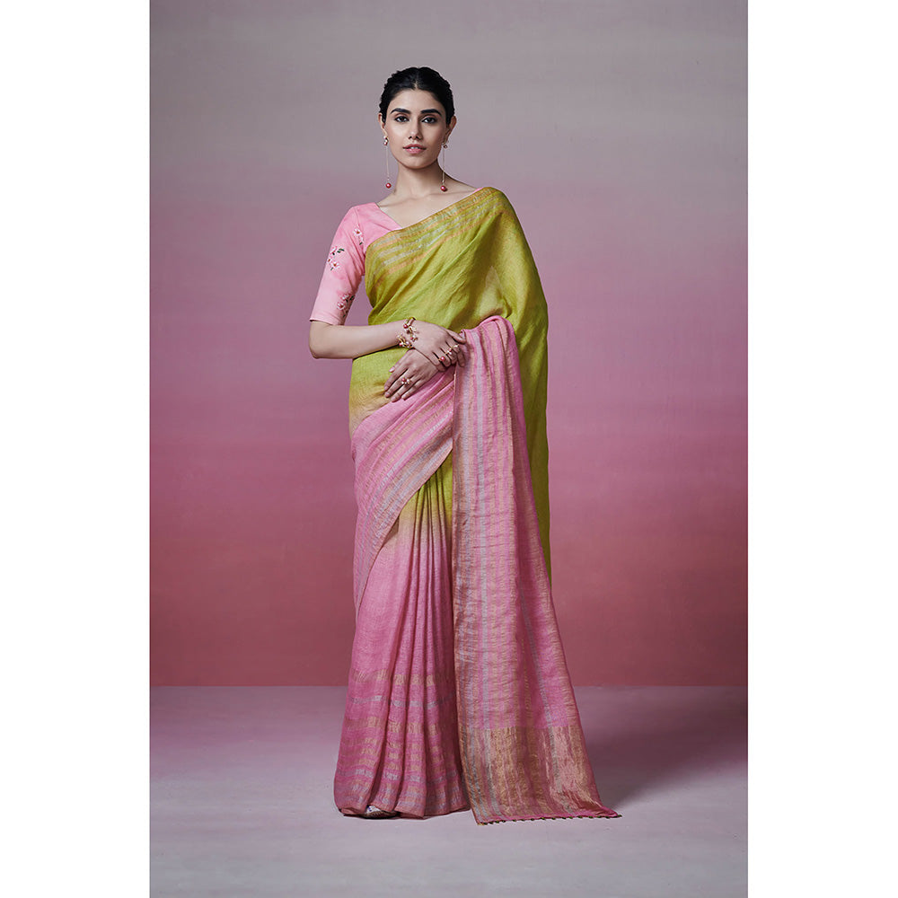 Dressfolk Handwoven 100% Handloom Linen Green & Pink Splendor Saree With Metallic border and Palla