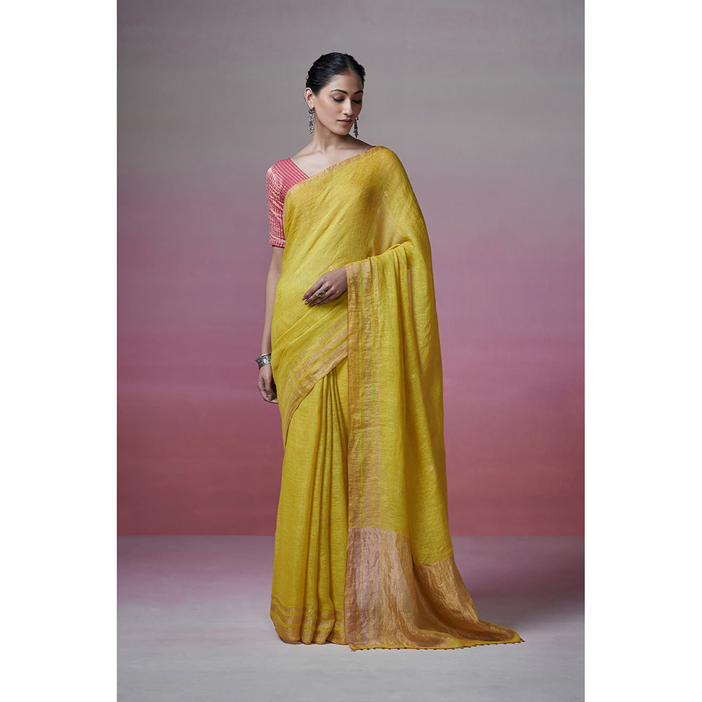 Dressfolk Handwoven 100% Linen Lime Yellow Saree With Metallic border & Palla with glass bead Edge