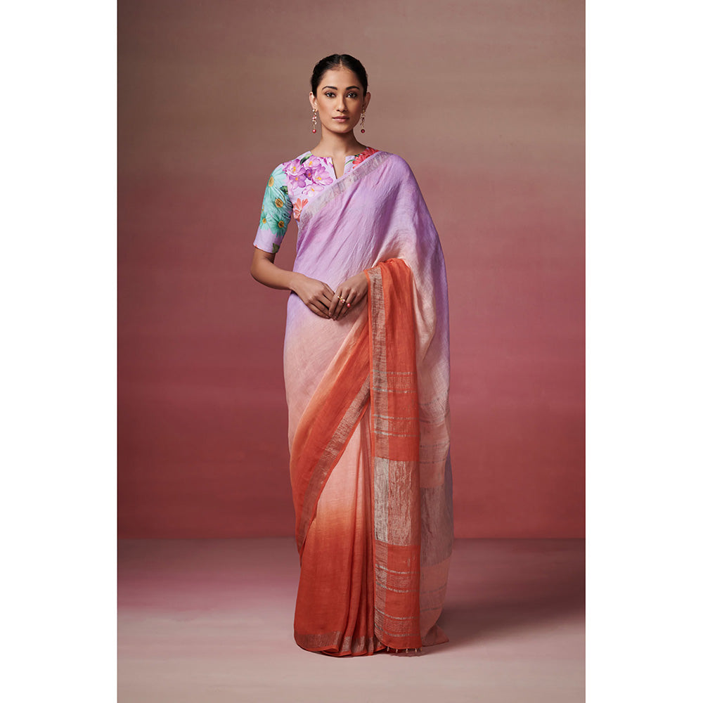Dressfolk Handwoven 100% Handloom Linen Pastel Harmony Saree with Meatllic Border and Palla