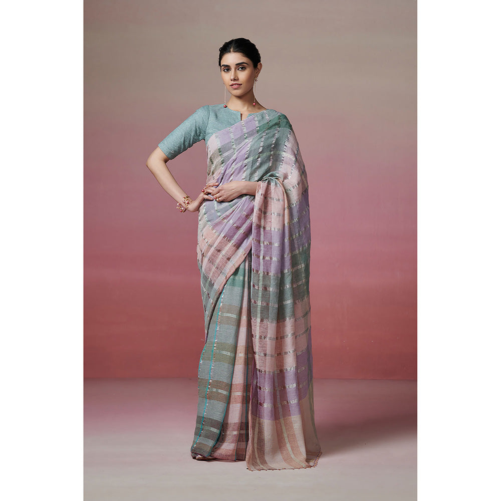 Dressfolk Handwoven 100% Linen Multi-Color Marvel Saree With Silver Zari & Glass Beads Detailing