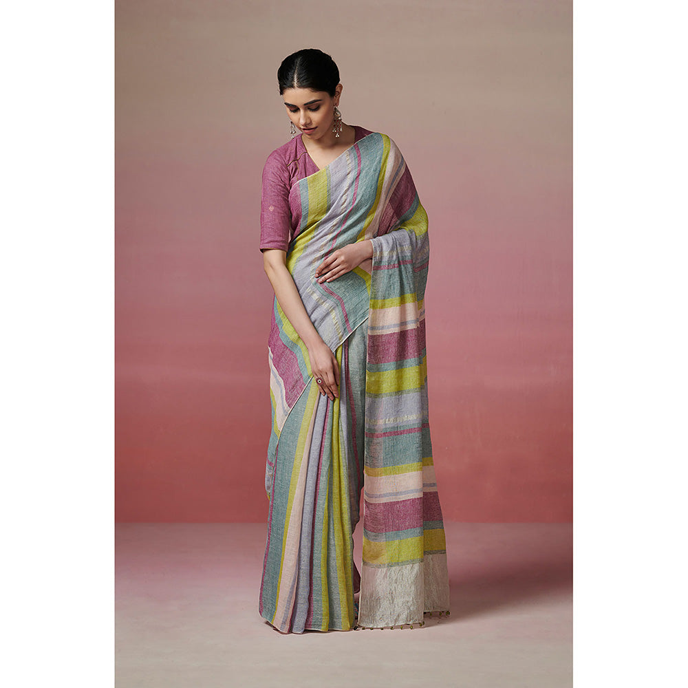 Dressfolk Handwoven 100% Linen Multi-Color Radiance Saree With Colorful Stripes & Metallic Palla