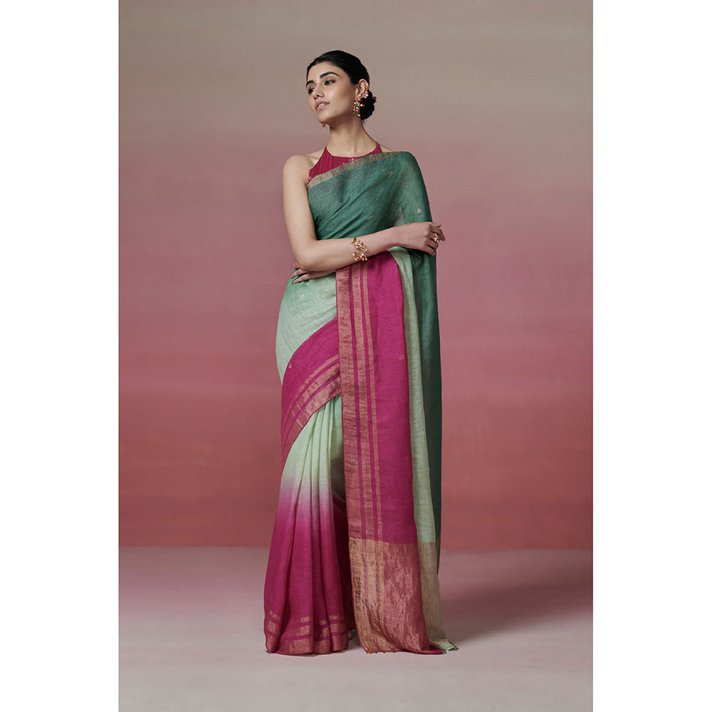 Dressfolk Handwoven 100% Linen Ombre Dyed Green & Magenta Saree With Metallic Border & Palla