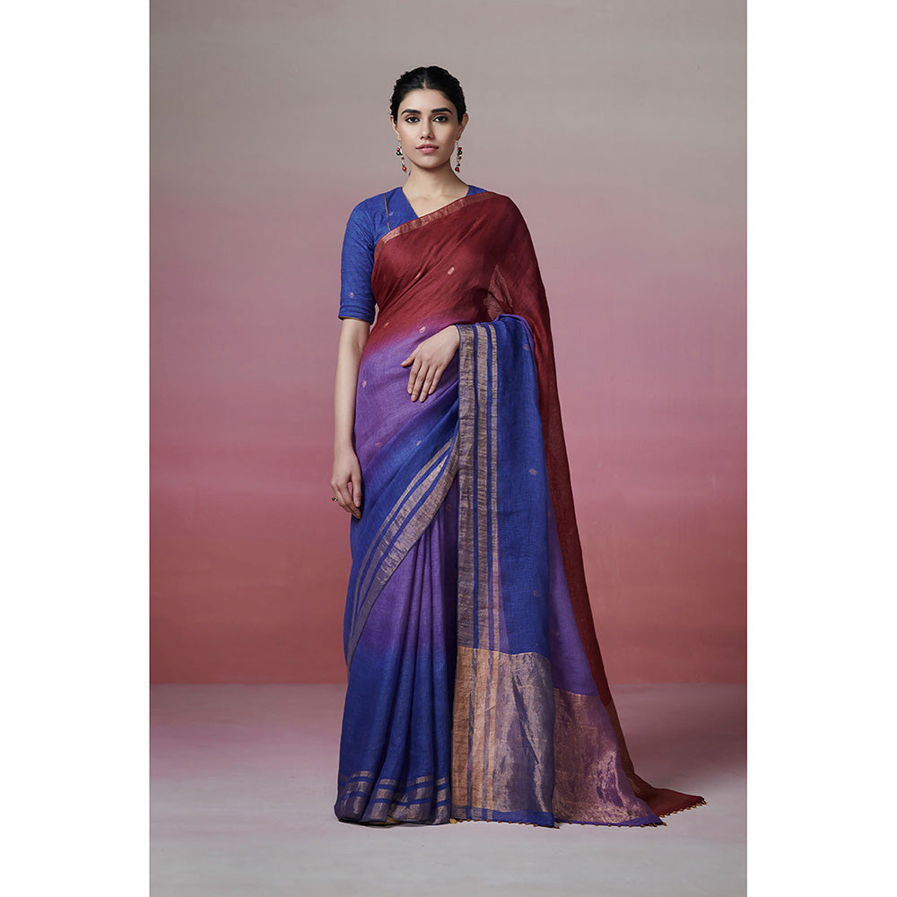 Dressfolk Handwoven 100% Handloom Linen Ombre Dyed Royal Tones Saree with Zari Border and Palla