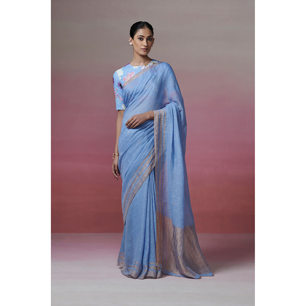 Dressfolk Handwoven 100% Handloom Linen Light Blue Dream Saree With Metallic Zari Border and Palla