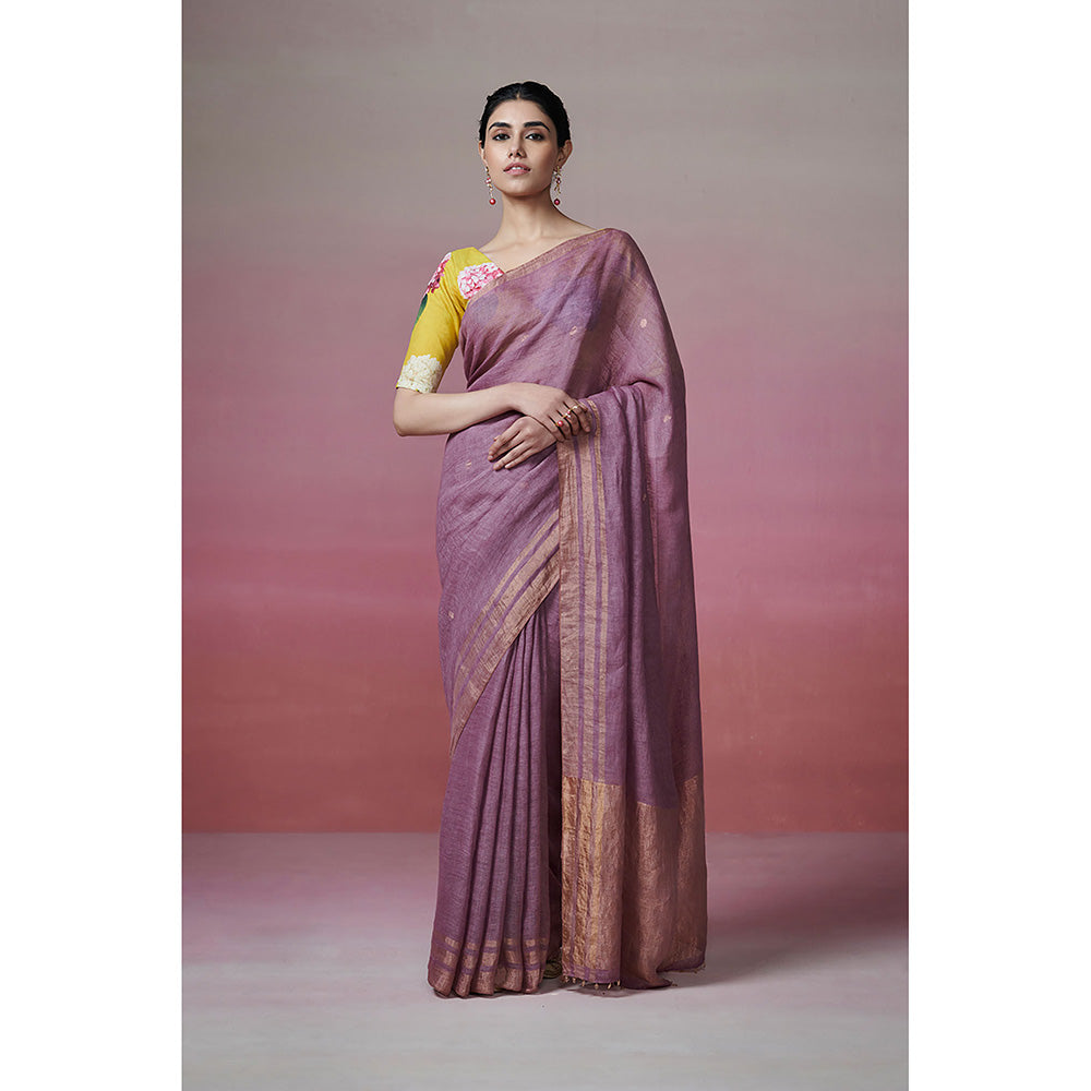 Dressfolk Handwoven 100% Linen Earthy Purple Bliss Saree with Metallic Zari Border & Palla