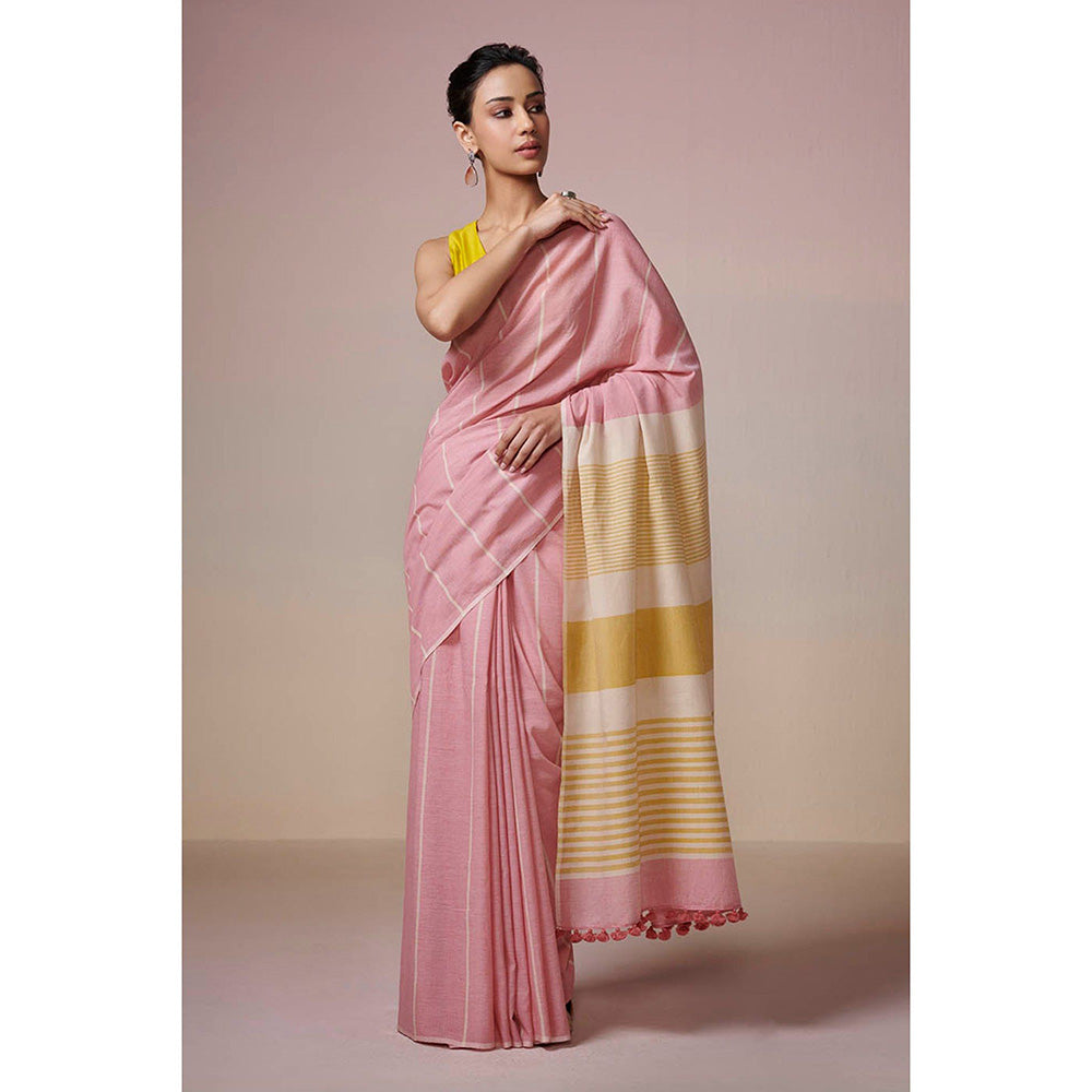 Dressfolk Handwoven Pink With Yellow and Stripes Handloom 100% Pure Cotton Saree with Tassel Border