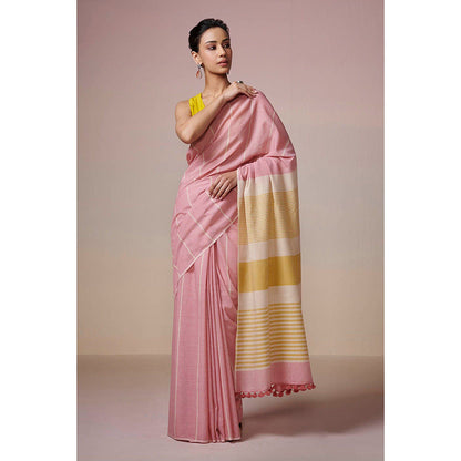 Dressfolk Handwoven Pink With Yellow and Stripes Handloom 100% Pure Cotton Saree with Tassel Border