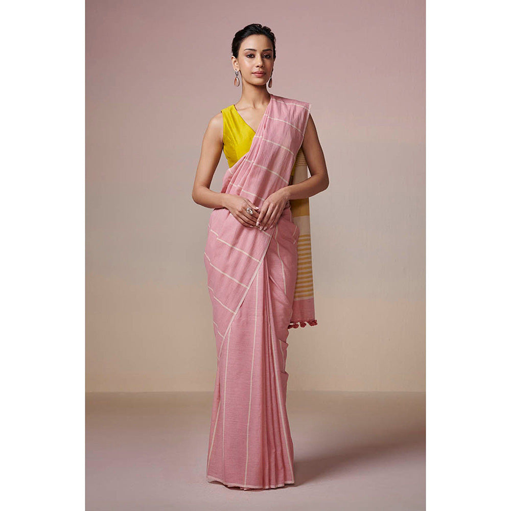 Dressfolk Handwoven Pink With Yellow and Stripes Handloom 100% Pure Cotton Saree with Tassel Border